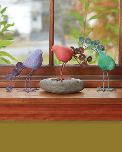Terra Cotta & Wire Birds Assorted Colors - Set of 3